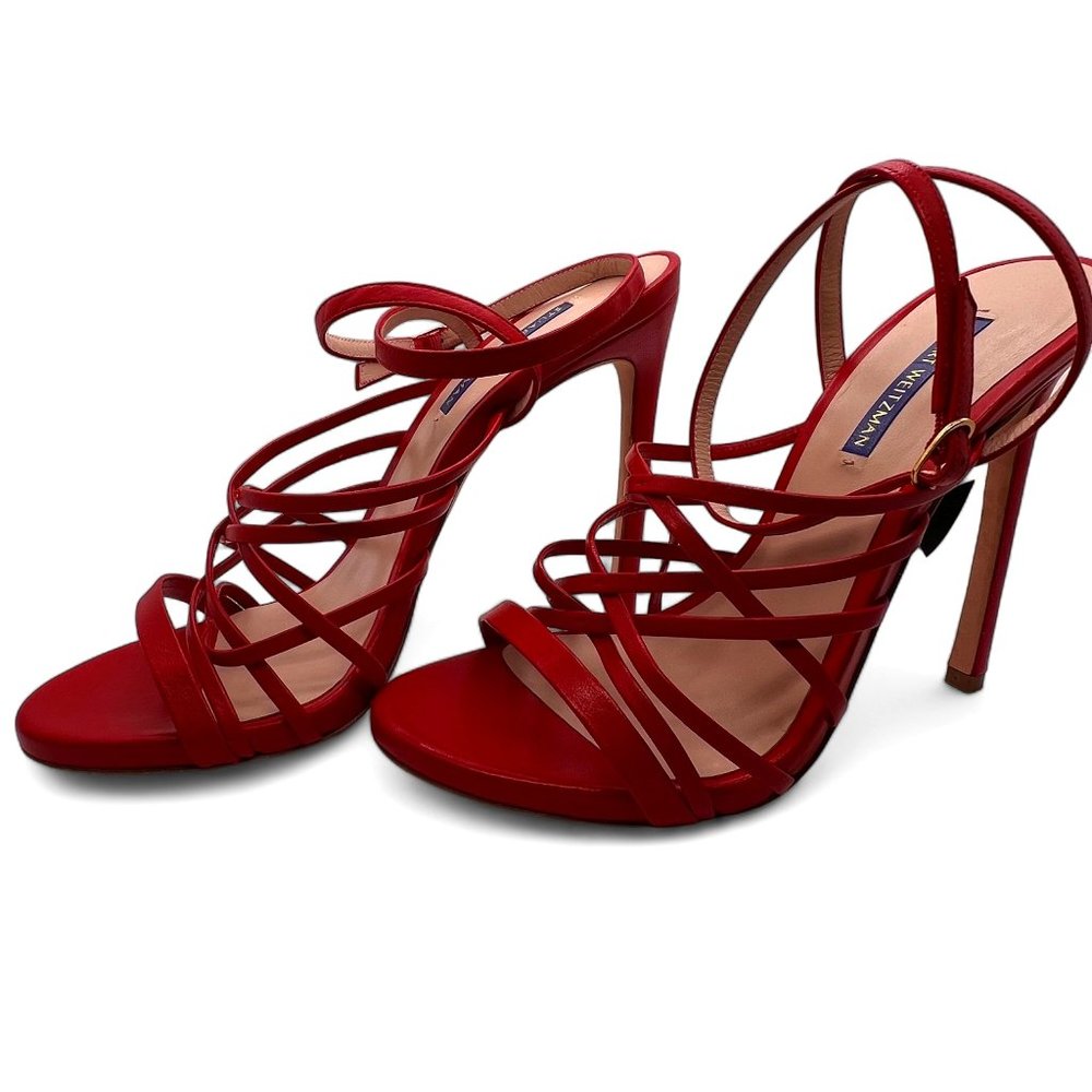 Stuart Weitzman Spotlight Red Leather Strappy Stiletto Heels 10